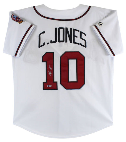 Braves Chipper Jones Signed White Majestic Jersey w/ 40th Aniv Patch BAS #T44237