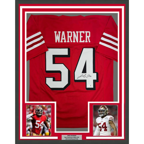 Framed Autographed/Signed Fred Warner 35x39 San Francisco Red Jersey Beckett COA