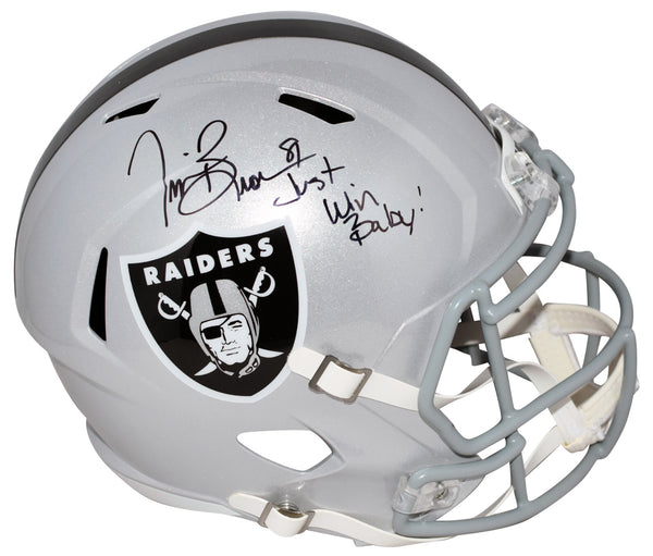 TIM BROWN SIGNED OAKLAND RAIDERS FULL SIZE SPEED HELMET W/ JUST WIN BABY