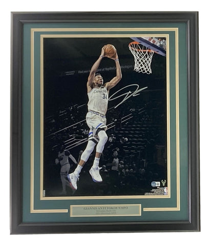 Giannis Antetokounmpo Signed Framed 16x20 Milwaukee Bucks Dunk Photo BAS ITP