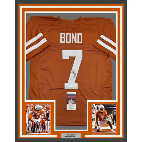 Framed Autographed/Signed Isaiah Bond 35x39 Texas Orange Football Jersey JSA COA