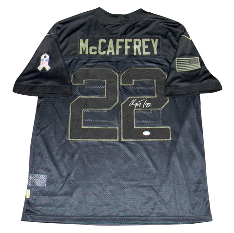 CHRISTIAN McCAFFREY SIGNED CAROLINA PANTHERS SALUTE TO SERVICE NIKE JERSEY BAS