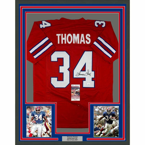 FRAMED Autographed/Signed THURMAN THOMAS 33x42 Buffalo Red Jersey JSA COA Auto