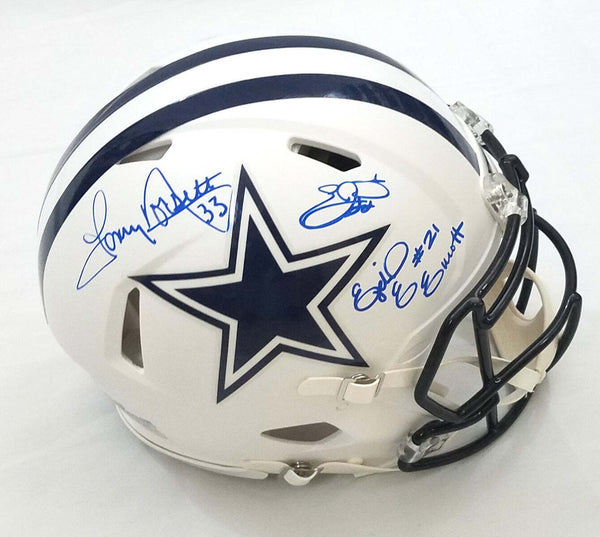 Emmitt Smith & Ezekiel Elliott Dorsett Signed Cowboys Flat White Auth Helmet BAS