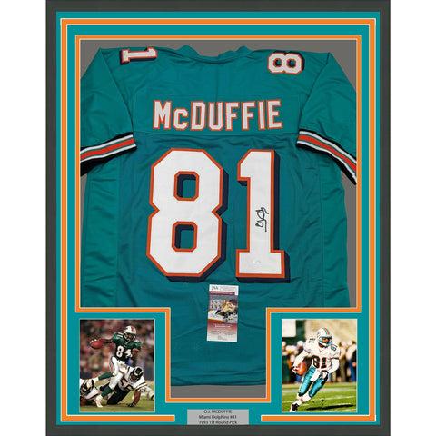 Framed Autographed/Signed O.J. OJ McDuffie 35x39 Miami Teal Jersey JSA COA