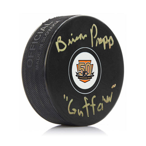 Brian Propp Autographed Philadelphia Flyers Hockey 50th Ann. Guffaw Puck JSA PSA