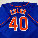 Autographed/Signed Bartolo Colon New York Blue Baseball Jersey Beckett BAS COA