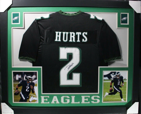 JALEN HURTS (Eagles black SKYLINE) Signed Autographed Framed Jersey JSA