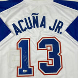 Autographed/Signed RONALD ACUNA JR. Atlanta White Retro Jersey Beckett BAS COA