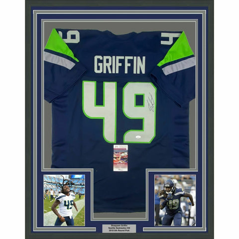 FRAMED Autographed/Signed SHAQUEM GRIFFIN 33x42 Seattle Blue Jersey JSA COA Auto