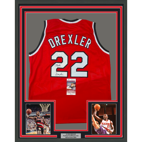 Framed Autographed/Signed Clyde Drexler 33x42 Portland Red Jersey JSA COA