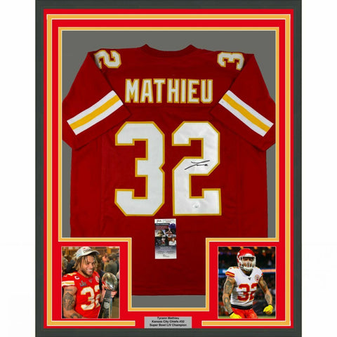 FRAMED Autographed/Signed TYRANN MATHIEU 33x42 Kansas City Red Jersey JSA COA