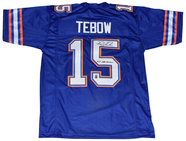 TIM TEBOW AUTOGRAPHED FLORIDA GATORS #15 BLUE JERSEY W/ 07 HEISMAN