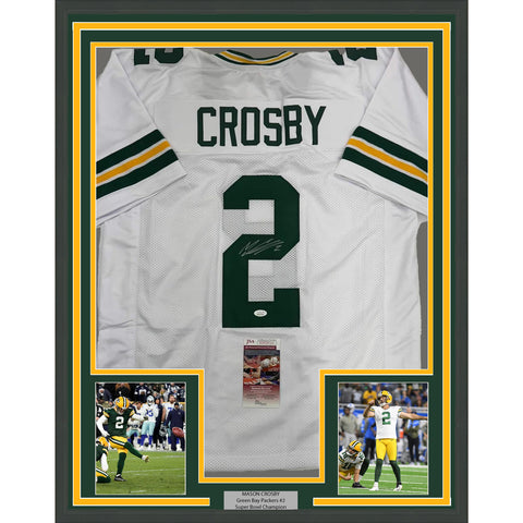 Framed Autographed/Signed Mason Crosby 35x39 Green Bay White Jersey JSA COA