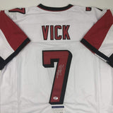 Autographed/Signed MICHAEL MIKE VICK Atlanta White Football Jersey PSA/DNA COA