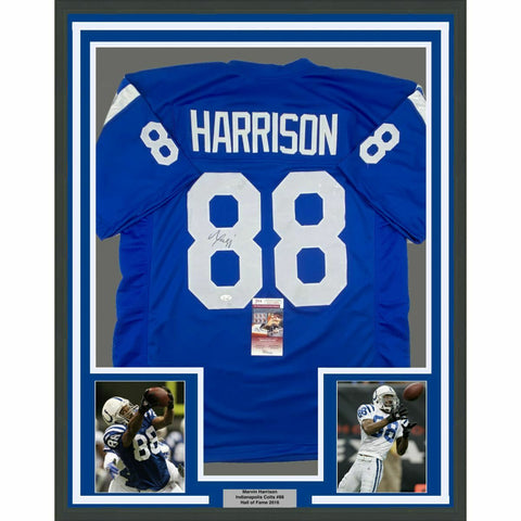 FRAMED Autographed/Signed MARVIN HARRISON 33x42 Indianapolis Blue Jersey JSA COA