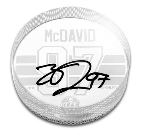 Connor McDavid Autographed Sand Carved Clear Crystal Hockey Puck UDA