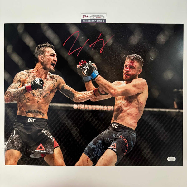 Autographed/Signed Max Holloway vs Justin Gaethje BMF UFC 16x20 Photo JSA COA