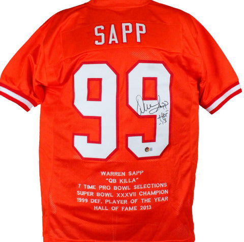 Warren Sapp Autographed Orange Pro Style STAT Jersey w/HOF-Beckett W Hologram