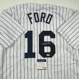 Autographed/Signed WHITEY FORD New York Pinstripe Baseball Jersey PSA/DNA COA #3