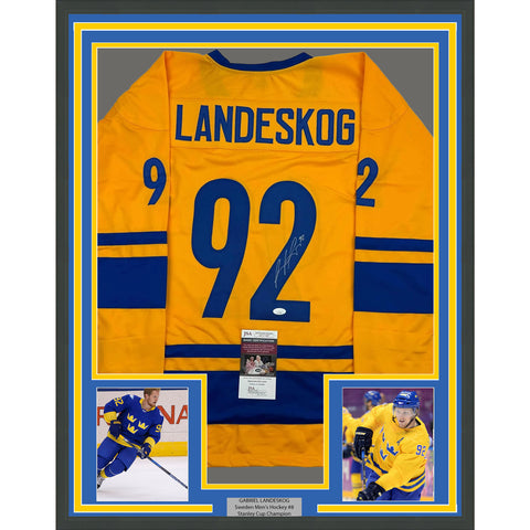 Framed Autographed/Signed Gabriel Landeskog 35x39 Yellow Sweden Jersey JSA COA