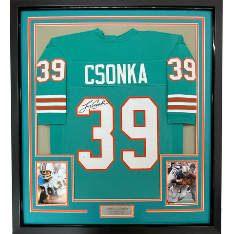 Framed Autographed/Signed Larry Csonka 35x39 Miami Teal Football Jersey JSA COA