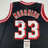 Autographed/Signed ALONZO MOURNING Miami Black Basketball Jersey JSA COA Auto