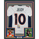 FRAMED Autographed/Signed JERRY JEUDY 33x42 Denver White Jersey JSA COA Auto