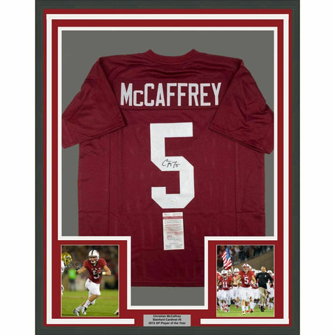 FRAMED Autographed/Signed CHRISTIAN MCCAFFREY 33x42 Stanford Red Jersey JSA COA