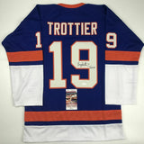 Autographed/Signed BRYAN TROTTIER HOF 97 New York Blue Hockey Jersey JSA COA