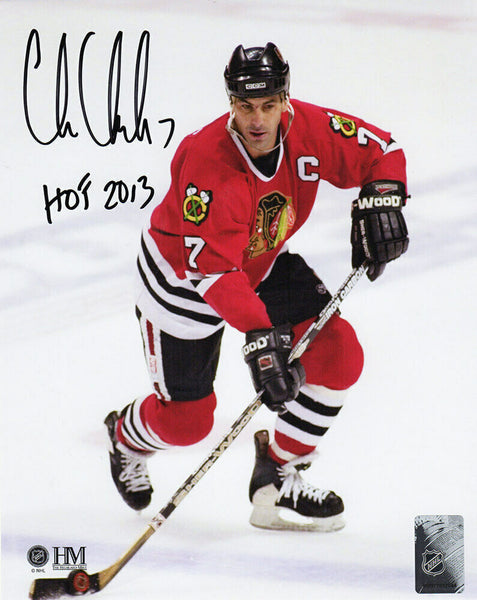 Chris Chelios Signed Blackhawks With Puck Action 8x10 Photo w/HOF 2013 (SS COA)