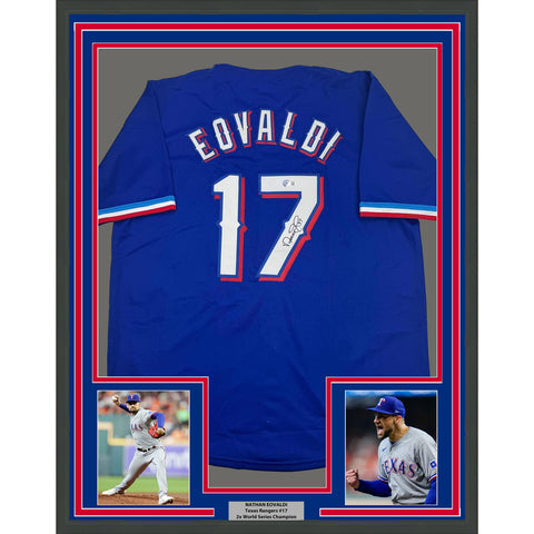 Framed Autographed/Signed Nathan Eovaldi 35x39 Texas Blue Jersey Beckett BAS COA