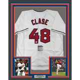 Framed Autographed/Signed Emmanuel Clase 35x39 Cleveland White Jersey JSA COA