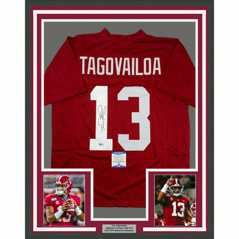 FRAMED Autographed/Signed TUA TAGOVAILOA 33x42 Alabama Red Jersey Beckett COA