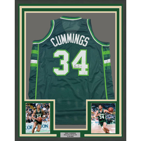 Framed Autographed/Signed Terry Cummings 35x39 Milwaukee Green Jersey BAS COA