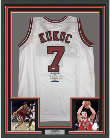 Framed Autographed/Signed Toni Kukoc 35x39 Chicago White Jersey Beckett BAS COA