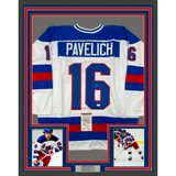 Framed Autographed/Signed Mark Pavelich 33x42 White Team USA Jersey JSA COA