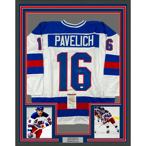 Framed Autographed/Signed Mark Pavelich 33x42 White Team USA Jersey JSA COA