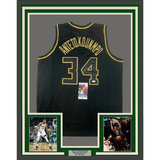 Framed Autographed/Signed Giannis Antetokounmpo 33x42 Blackout Jersey JSA COA