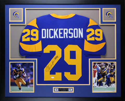 Eric Dickerson Autographed HOF 99 and Framed Blue Rams Jersey