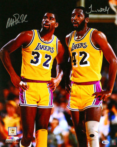 Magic Johnson/James Worthy Autographed Lakers 16x20 PF Photo-Beckett W *Silver