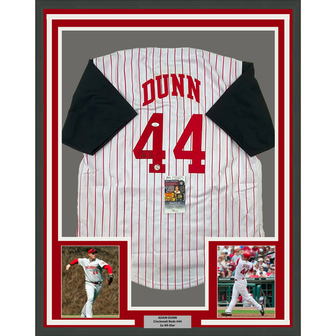 Framed Autographed/Signed Adam Dunn 33x42 Cincinnati Pinstripe Jersey JSA COA