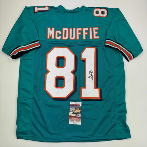 Autographed/Signed O.J. OJ McDuffie Miami Teal Football Jersey JSA COA