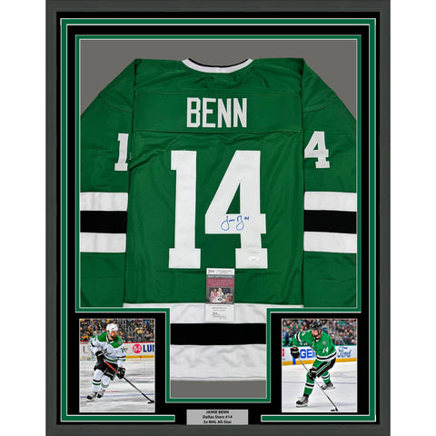 Framed Autographed/Signed Jamie Benn 35x39 Dallas Green Retro Jersey JSA COA