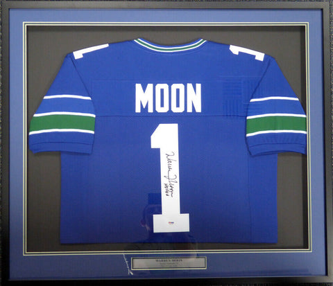 SEAHAWKS WARREN MOON AUTOGRAPHED FRAMED BLUE JERSEY "HOF 06" PSA/DNA 107924