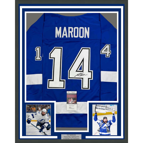 Framed Autographed/Signed Pat Maroon 35x39 Tampa Bay Blue Hockey Jersey JSA COA