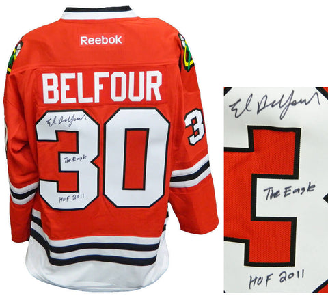 ED BELFOUR Signed Blackhawks Reebok Premier Jersey w/The Eagle, HOF 2011 - SS