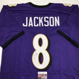 Autographed/Signed LAMAR JACKSON Baltimore Purple Football Jersey JSA COA Auto