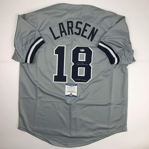 Autographed/Signed Don Larsen WS PG 10-8-56 New York Grey Jersey Beckett COA