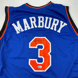 Autographed/Signed Stephon Marbury New York Blue Basketball Jersey Beckett COA